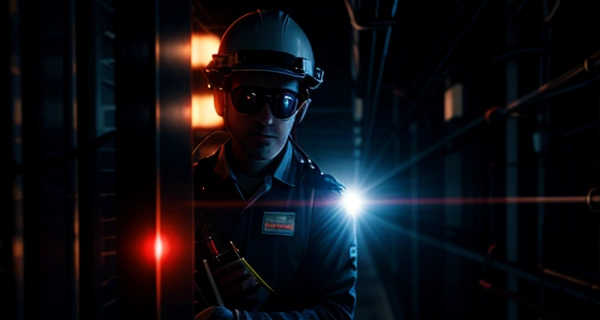 Teknisi IT melakukan inspeksi menggunakan alat laser visual fault locator merah pada ujung kabel serat optik LC sebelum mencolokkannya ke modul SFP