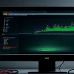 Layar monitor menampilkan log diagnostik DDM router Mikrotik yang mendeteksi penurunan nilai sinyal RX optik drastis akibat suhu panas