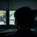 Teknisi NOC sedang memantau trafik VPN tunnel antar cabang pada monitor besar di ruang server