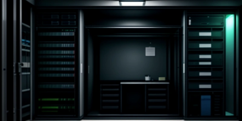 rak server fisik bare metal di dalam ruangan kantor ukm yang berantakan dengan kabel lan