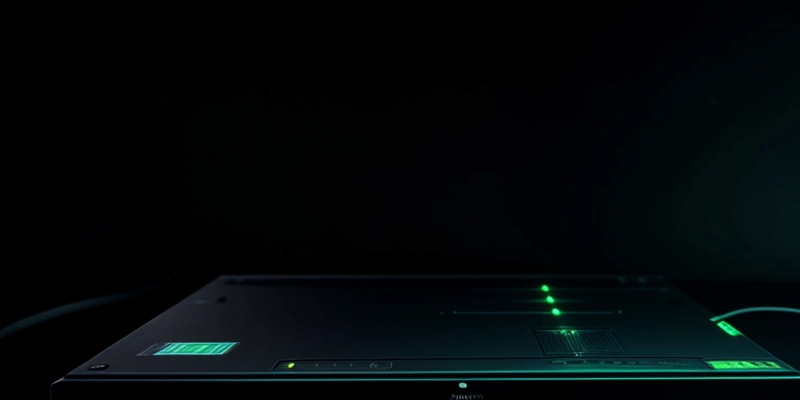 perangkat router enterprise mikrotik terhubung dengan banyak kabel fiber optic biru dan kuning di ruang server pabrik