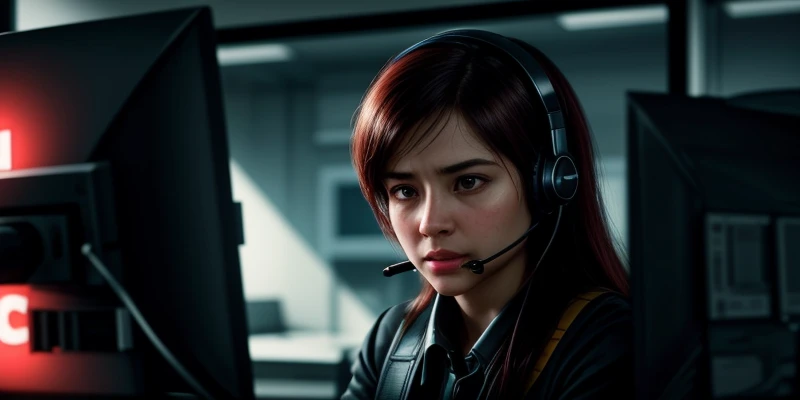 seorang agen customer service terlihat panik saat menelepon pelanggan dengan headset karena koneksi bermasalah