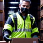 pekerja gudang sedang menggunakan scanner barcode wireless untuk memindai paket barang pesanan