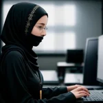 Teknisi jaringan wanita berhijab sedang melakukan konfigurasi router dan access point di ruang server