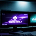 Suasana lorong warnet e-sports modern dengan pc berjejer dan lampu rgb