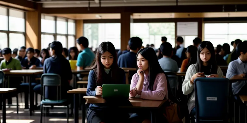 tumpukan pemuda mahasiswa asyik menggunakan gawai laptop dan smartphone di meja kantin kampus