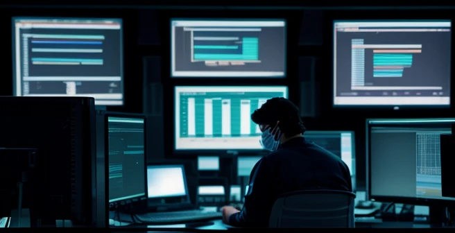 Teknisi profesional memantau layar dashboard jaringan NOC