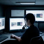 Insinyur jaringan memantau layar perangkat lunak VMS di PC desktop yang menampilkan umpan video langsung dari beberapa IP Camera tanpa kuota jaringan luar.