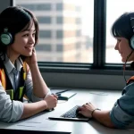 dua insinyur proyek tersenyum rapat online menggunakan laptop di dalam ruang direksi keet yang terang