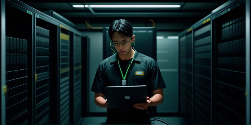 seorang insinyur jaringan sedang mengkonfigurasi switch cisco dan router mikrotik di ruang server gelap