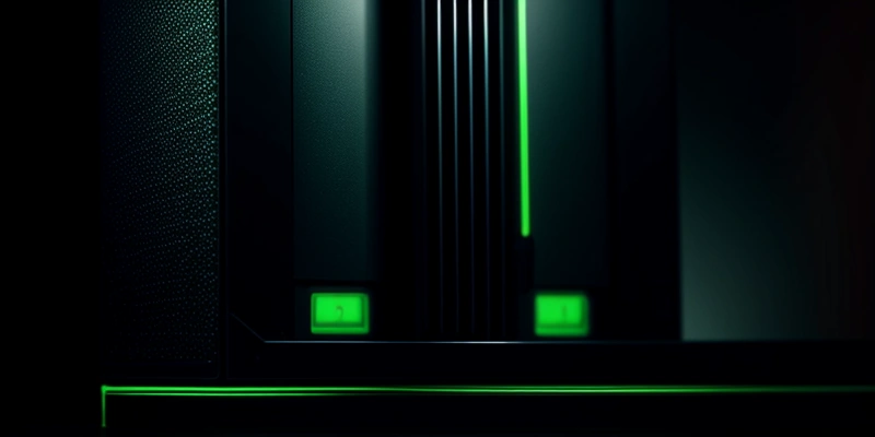 alat ups rackmount warna hitam terpasang rapi di bagian bawah rak server industri