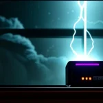 Lampu indikator modem LOS berkedip merah terang dalam ruangan gelap saat malam hujan badai.