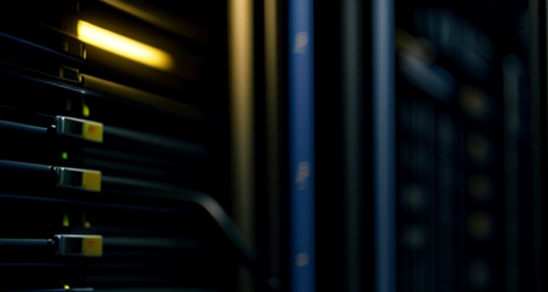 Sebuah rack server berantakan dengan kabel UTP LAN kusut dan berdebu yang menyebabkan koneksi terputus putus