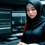 Teknisi jaringan wanita muslim memakai hijab dan seragam rapi sedang memantau layar traffic jaringan di ruang kontrol NOC