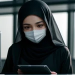 Teknisi pelaksana perempuan sedang berdiri mengontrol konfigurasi titik pusat pelompat sinyal nirkabel tanpa kabel memakai gawai mutakhir mengenakan setelan formal rapat pelindung berkerudung dengan identitas separuh wajah tertutup sensor buram kotak sempurna.