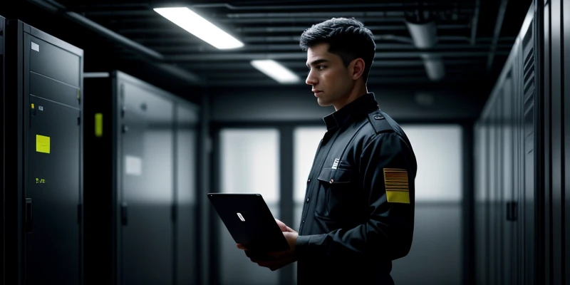 teknisi data center memegang laptop memeriksa suhu udara dingin di dekat rak colocation server