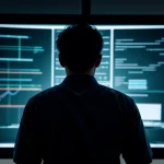 teknisi it memantau peta jaringan sd wan seluruh indonesia dari layar monitor command center besar