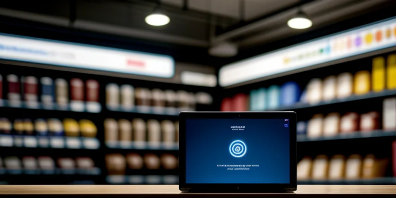 perangkat router sd-wan canggih terpasang di atas meja kasir toko ritel