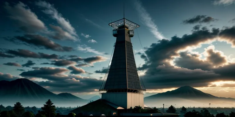 menara pemancar radio internet telekomunikasi berdiri kokoh di atap gedung klinik di tengah hutan lebat pegunungan.