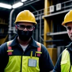 dua insinyur mekanik memakai helm pengaman sedang memeriksa panel instrumen kontrol mesin genset drps