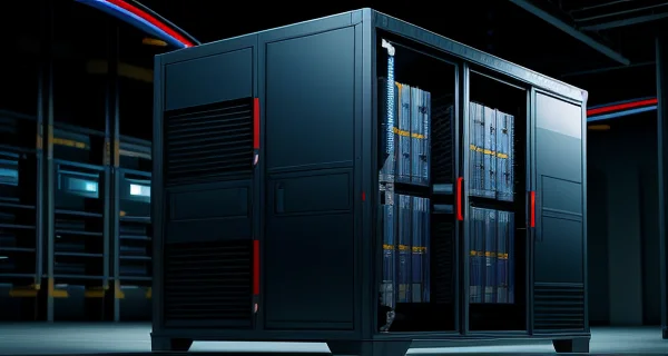 Diagram teknis panduan arah aliran sirkulasi hawa udara dingin menuju lorong pembuangan panas pada susunan perangkat rak server tertutup bermodal 1U blank panel