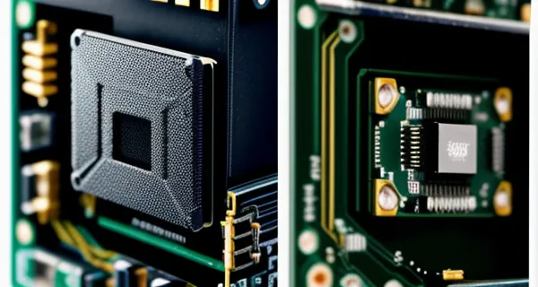 Perbandingan bentuk fisik memori cip kecil pada papan sirkuit modem gratisan yang terbakar versus papan sirkuit router kelas industri yang kokoh