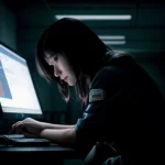 Teknisi ahli mengatur kabel jaringan menuju rak server router enterprise mikrotik di gedung perkantoran besar
