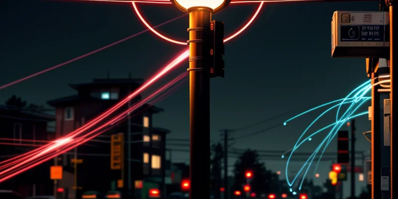 Ilustrasi diagram jaringan ISP memperlihatkan kemacetan data di tiang fiber optik pada malam hari