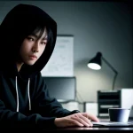 Seseorang sedang mengecek kabel dan router dengan wajah frustasi melihat layar laptop ping merah
