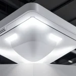 alat pemancar wifi access point enterprise dengan antena kotak terpasang pada tiang booth pameran