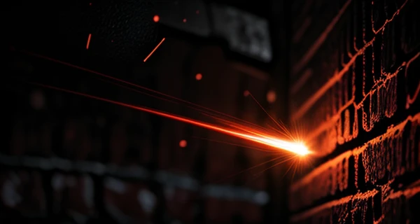 Kabel serat optik hitam bengkok tertekuk patah tajam membentuk sudut 90 derajat di sudut tembok bata merusak aliran laser