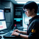 Insinyur pemeliharaan memegang Optical Power Meter OPM mengukur redaman kabel kuning di rak server perusahaan