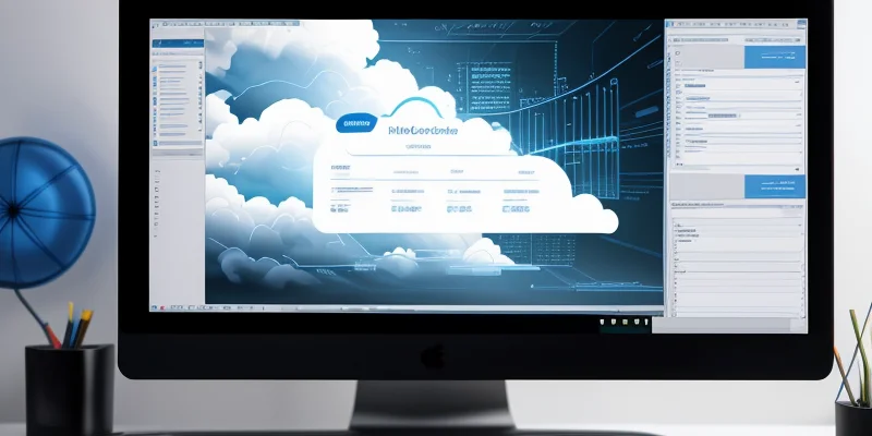diagram alur data menunjukkan pertukaran paket informasi aman dan cepat antara komputer kantor lokal menuju server database cloud erp.